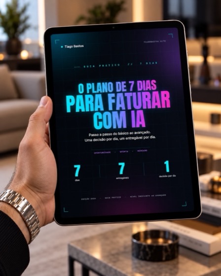 Tablet com a capa do ebook O Plano de 7 Dias Para Faturar Com IA